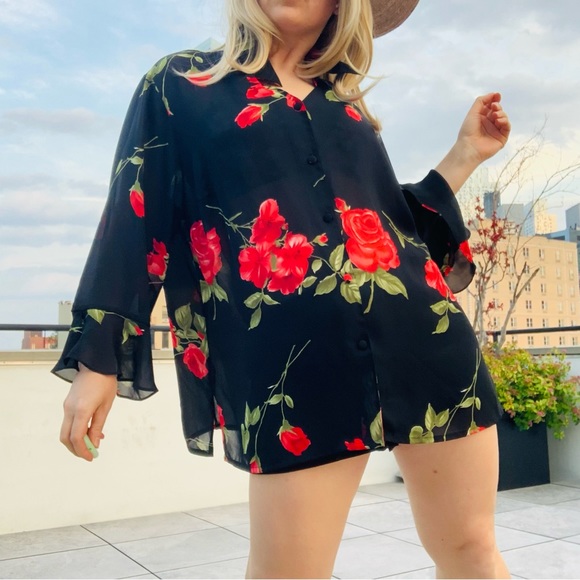 🛳 K.C.STUDIO Vintage Ruffle Long Sleeves Sheer Top Big Roses Sheer Top 22W - Picture 7 of 16